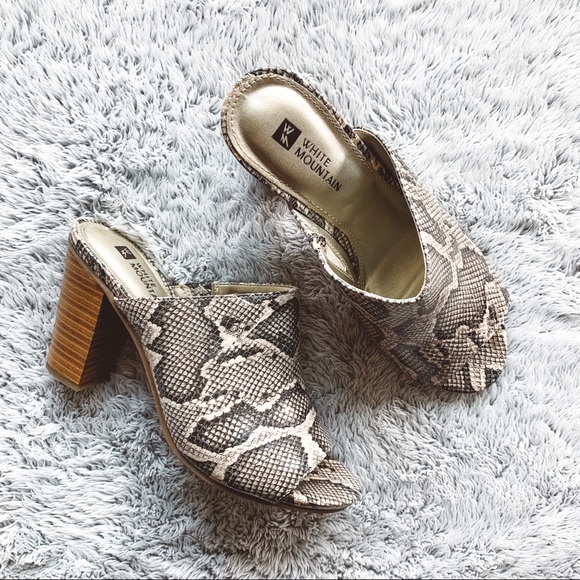 snakeskin heeled mules